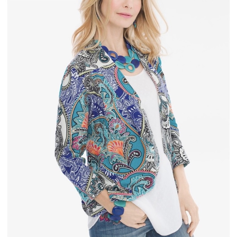 Chico’s Women’s 100% Linen Paisley Print Open Front Cardigan Size 3 XLarge 16